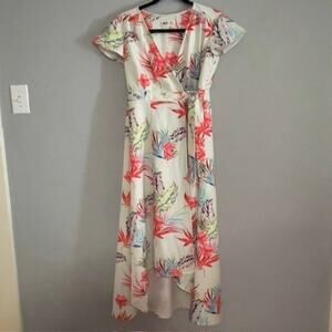 Bollie XS Tropical Floral Print Maxi Wrap Dress Fun Flutter Sleeve Resort Vacay
